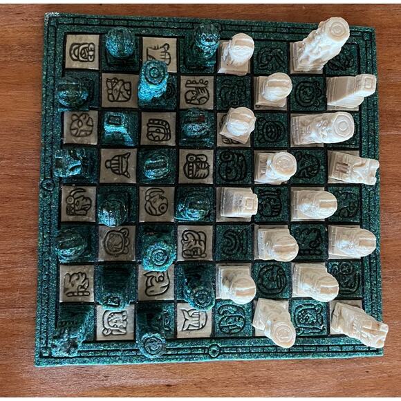 Vintage Stone Chess Set: Green & Cream Aztec Board w/ Pieces - Picture 2 of 7